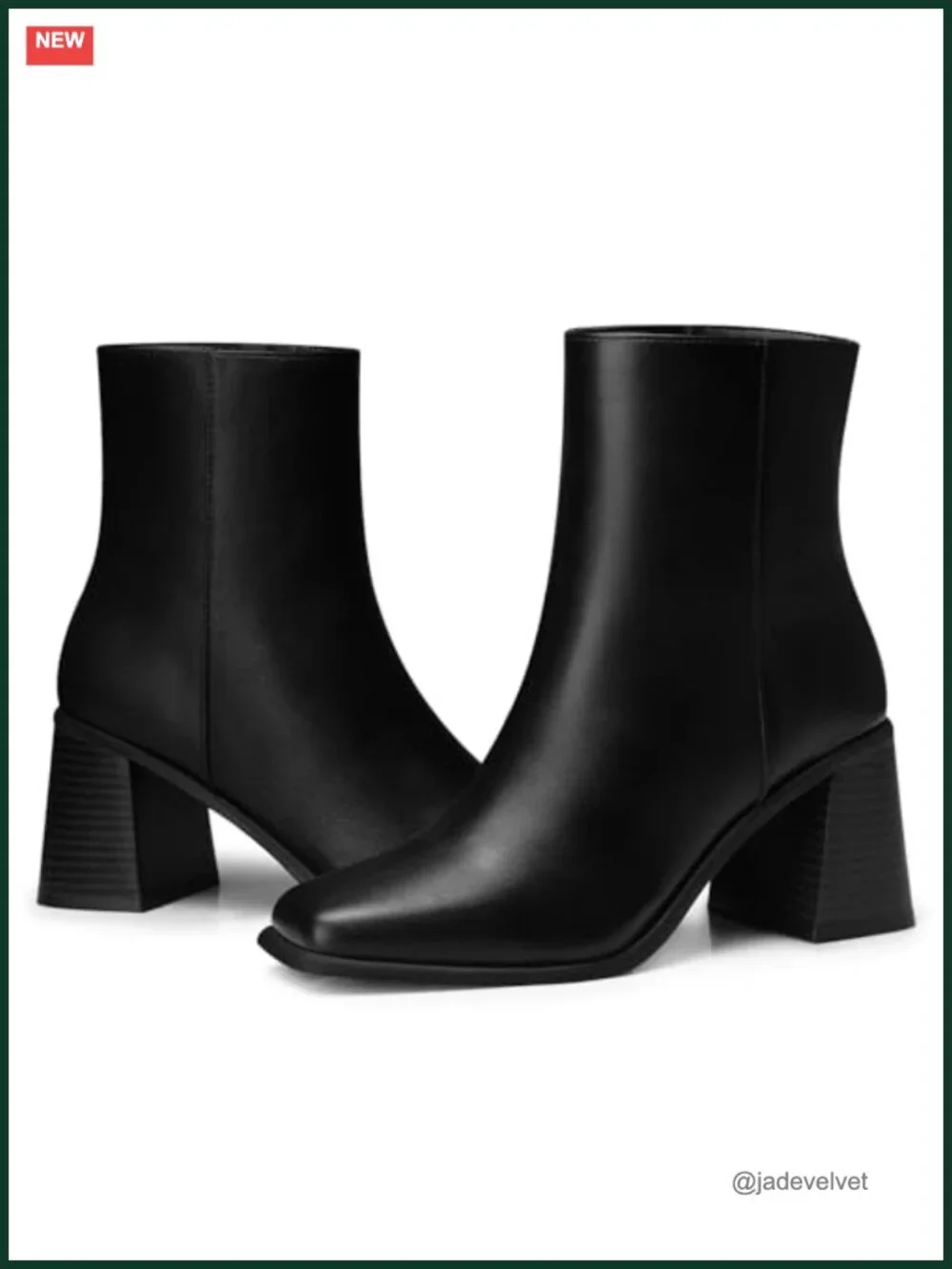 Faux Leather Ankle Boots 2.9 Inch Chunky Heel Square Toe Side Zip
